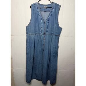 Studio West Vintage 90s 3X Denim Button Down Dress Sleeveless Floral Flowers